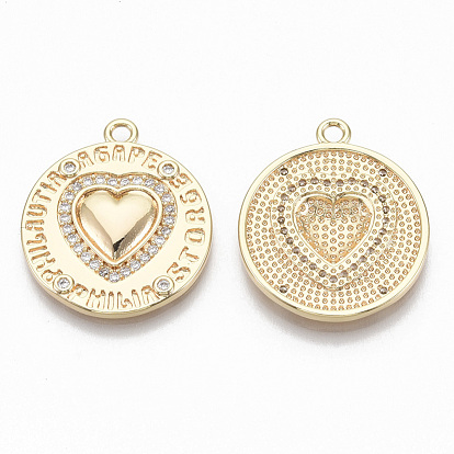 Micro cuivres ouvrent pendentifs zircone cubique, plat rond avec coeur et mots grecs pour l'amour, sans nickel, clair
