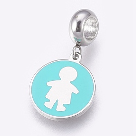 304 Stainless Steel European Dangle Charms, Large Hole Pendants, with Enamel, Flat Round with Boy