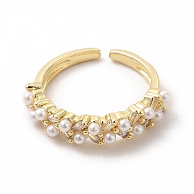 Clear Cubic Zirconia Open Cuff Ring with Plastic Imitation Pearl Beaded, Brass Jewelry for Women