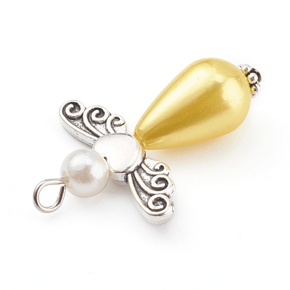 Imitation pendentifs acryliques de perles, perles de coeur en alliage d'argent antique, ailes d'anges