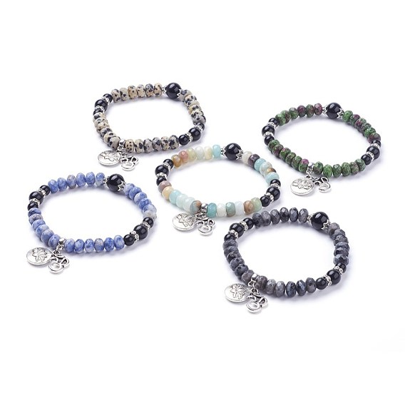 Natural Obsidian Stretch Charm Bracelets, with Gemstone and Alloy Pendant, Flat Round with Lotus and Ohm