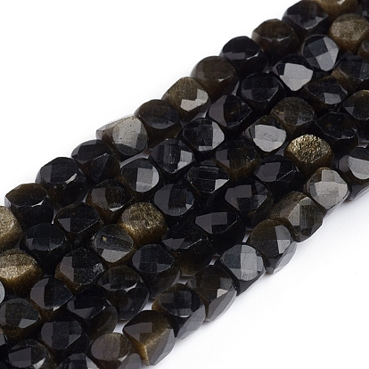 Natural Golden Sheen Obsidian Beads Strands, Faceted, Cube
