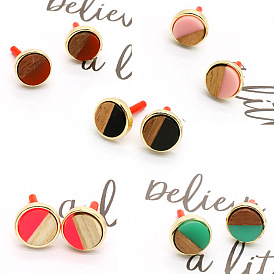 Retro Round Resin Wood Earrings for Women, Minimalist Geometric Color Block Jewelry