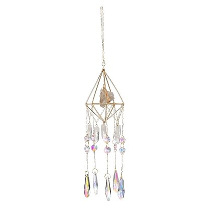 Décorations pendentif glands en cristal de quartz, avec perles de verre et cage de pochette en macramé en fer, losange