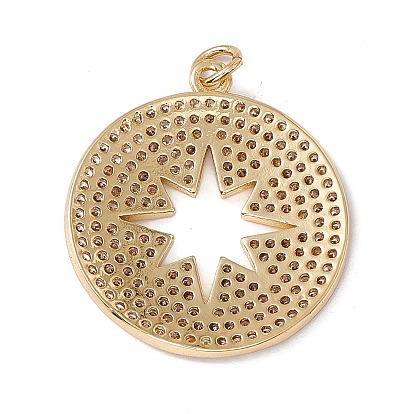 Brass Micro Pave Clear Cubic Zirconia Pendants, with Jump Ring, Cadmium Free & Nickel Free & Lead Free, Rack Plating, Flat Round with Star Pattern