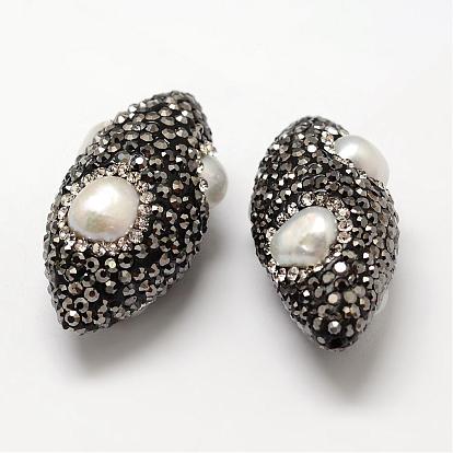 Horse Eye Polymer Clay Rhinestone Beads, with Pearl Cabochons, 25~38x16~17mm, Hole: 1.5mm