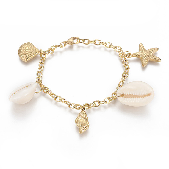 304 Stainless Steel Charm Bracelets, with Natural Cowrie Shell, Starfish/Sea Stars with Shell and Conch
