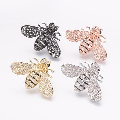 Brass Micro Pave Cubic Zirconia Lapel Pin Backs, Tie Tack Pin, Brooch Findings, For Half Drilled Beads, Bee