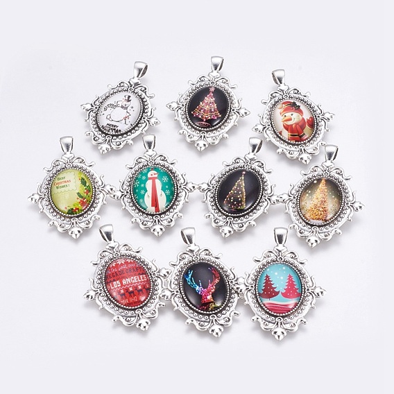 DIY Pendants Making, with Tibetan Style Alloy Pendant Cabochon Settings and Christmas Theme Glass Cabochons, Oval with Flower