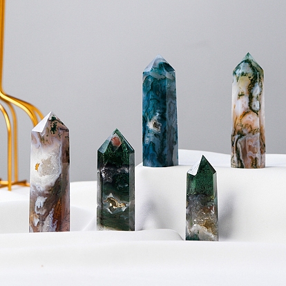 Natural Moss Agate Pointed Prism Bar Home Display Decoration, Healing Stone Wands, for Reiki Chakra Meditation Therapy Decos, Faceted Bullet