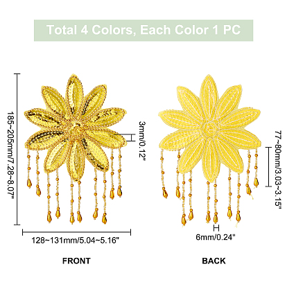 AHADEMAKER 4Pcs 4 Colors Sequin Flowers, Polyester Fabric Flowers, with Beaded Tassel, for Garment Bag Ornament, Dancers' Hair Accessories