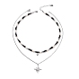 Clear Cubic Zirconia Star Pendant Necklaces Set, Natural Obsidian & Lava Rock & Pearl Beaded Chains Stackable Necklaces for Women