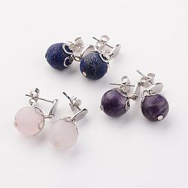 Natural Gemstone Stud Earrings, with 304 Stainless Steel Teardrop Ear Stud Components and Iron Findings