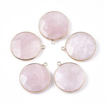 Natural Rose Quartz Pendants, with Brass Findings, Faceted, Flat Round, Golden