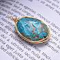 Natural Gemstone Pendants, Wire Wrapped Pendants, with Light Gold Plated Eco-Friendly Copper Wire, Oval