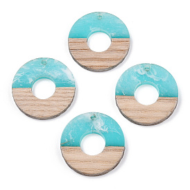 Transparent Resin & White Wood Pendants, Two Tone, Donut/Pi Disc Charms