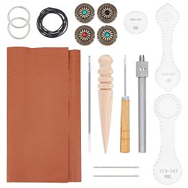 SUPERFINDINGS Leather Keychain Tool Kits, Including Marker Pen Refill & Slicker & Cords & Self-adhesive Fabric & Buttons & Key Rings & Puncher