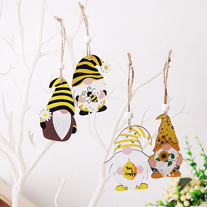 Gnome Wooden Pendant Decorations, with Wood Beads, Bee Festival Door Wall Hanging Ornaments