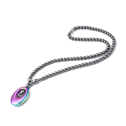 Collier pendentif ovale en hématite synthétique non magnétique avec chaînes perlées pour femme