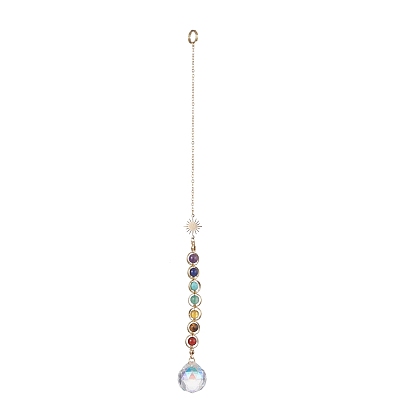 Décorations de pendentif en forme de larme de verre, attrape-soleil suspendus, avec 7 perle de pierres précieuses naturelles chakra et lien en laiton soleil
