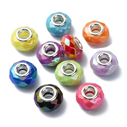 Opaque Acrylic European Beads, with Stainless Steel Core, Large Hole Beads, AB Color, Faceted, Flat Round