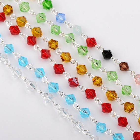 Main perles de verre de toupie chaînes de colliers bracelets faisant, avec épingle à œil en fer plaqué couleur argent, non soudée, 39.3 pouce, perles: 6 mm