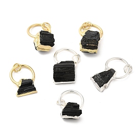 Natural Black Tourmaline Pendants, Nuggets Charms with Rack Plating Brass Findings, Cadmium Free & Lead Free
