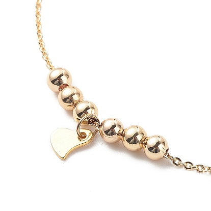 Brass Cable Chains Anklets, with 201 Stainless Steel Heart Charms and Brass Round Beads
