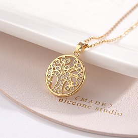 Sparkling Tree of Life Pendant Necklace with Zirconia on Gold-Tone Chain for Fashionable Women