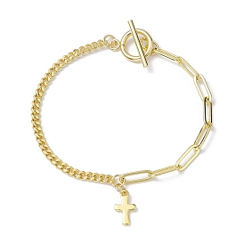 304 Stainless Steel Cross Charm Bracelet, with Brass Paperclip & Curb Chains