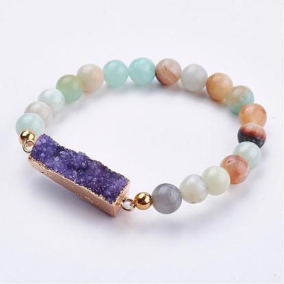 Natural Amazonite Stretch Bracelets, with Druzy Agate Links & Golden Plated 304 Stainless Steel Findings, Round & Rectangle