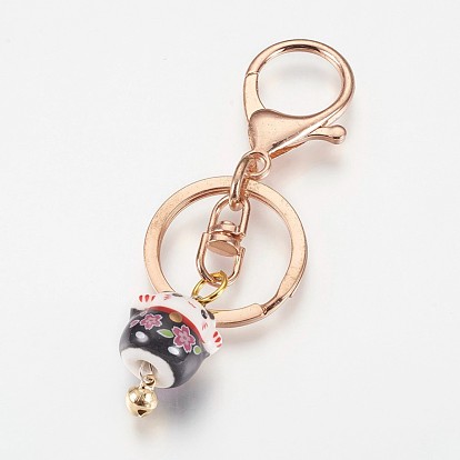 Handmade Porcelain Kitten Keychain, with Alloy Lobster Clasps, Iron Bell & Key Rings, Maneki Neko/Beckoning Cat, Golden