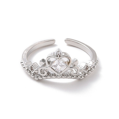 Anillo de puño abierto con corona de circonita cúbica transparente, joyas de latón para mujer, sin plomo y cadmio