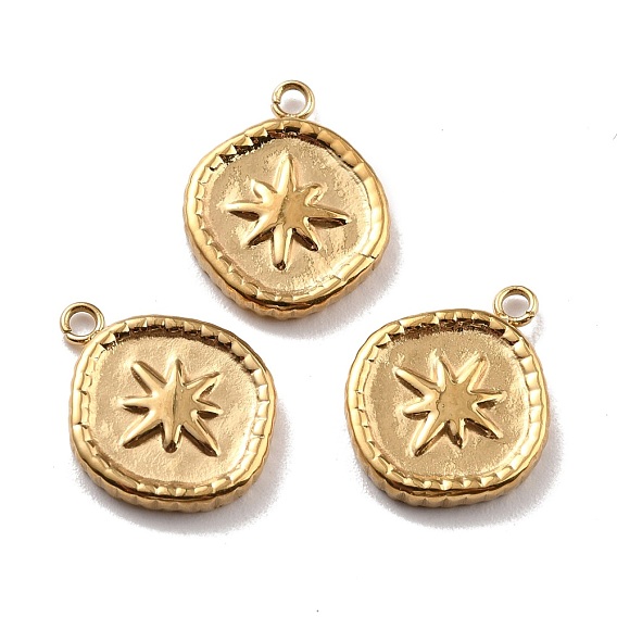 Ion Plating(IP) 316 Surgical Stainless Steel Pendants, Real 24K Gold Plated, Flat Round with 8 Pointed Star