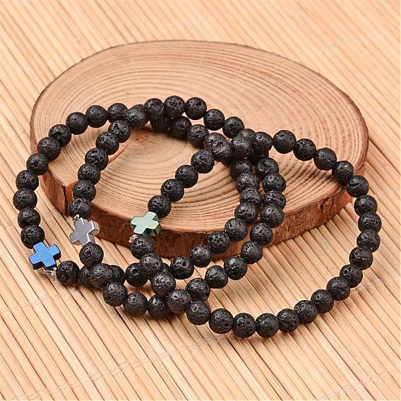 Cross Natural Lava Rock Beaded Stretch Bracelets, with Non-magnetic Hematite Beads, 54mm