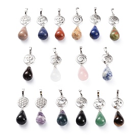 Yoga Chakra Jewelry, Natural Gemstone Pendants, with Platinum Plated Brass Findings, Teardrop & Votex/Ohm/Tree of Life/Flower of Life/Star of David