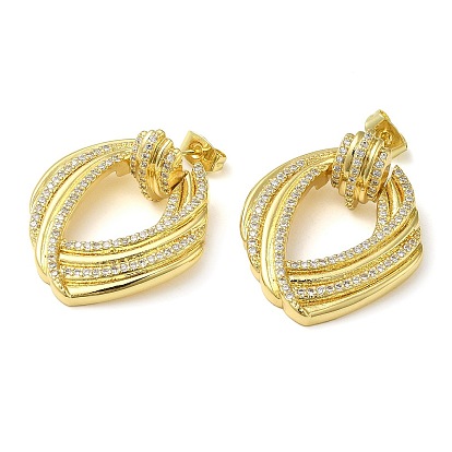 Twist Hollow Oval Clear Cubic Zirconia Dangle Stud Earrings, Brass Earrings for Women