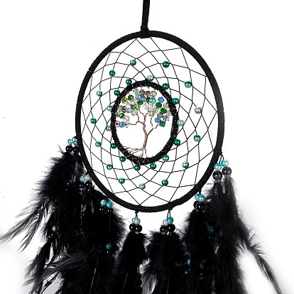 Tela/red tejida de alambre de hierro y latón con adornos colgantes de plumas, con cuentas de plástico, cubierto con cuero y cordón de terciopelo, plano y redondo con el árbol de la vida
