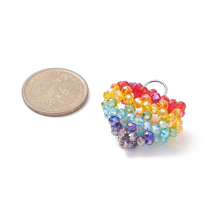 Pendentifs coeur en perles de verre, avec des apprêts enroulés de fil d'acier inoxydable