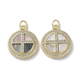 Brass Micro Pave Clear Cubic Zirconia Cross Pendants, Natural Shell Flat Round Charms with Jump Rings, Real 18K Gold Plated