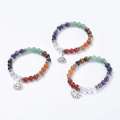 Chakra bijoux, perles naturelles mixtes de pierre étendent bracelets, avec les accessoires en alliage, formes mixtes