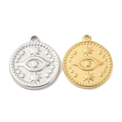 304 Stainless Steel Pendants, Flat Round with Evil Eye Charm