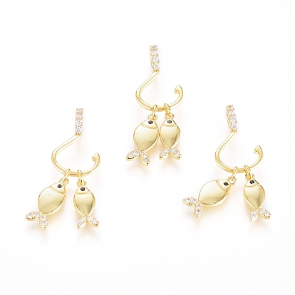 Brass Micro Pave Cubic Zirconia Pendants, Long-Lasting Plated, Fish & Hook, Real 18K Gold Plated