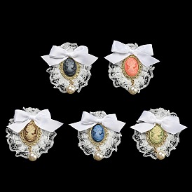 Romantic Classic Polyester Lace Bowknot Brooch for Women, with Iron Pin & Plastic Imitation Pearl, Oval