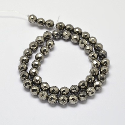Natural Pyrite Round Beads Strands, Faceted(64 Facets), Grade A