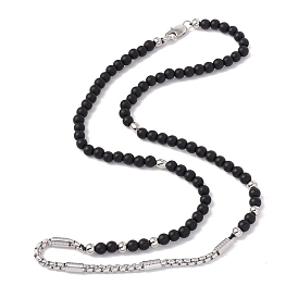 Collier de perles rondes en agate noire naturelle, 304 bijoux en acier inoxydable pour femmes