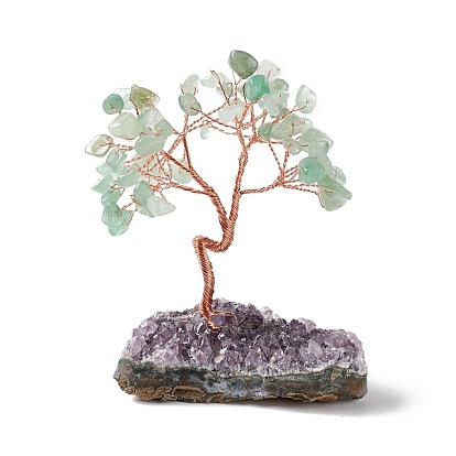 Natural Gemstone Tree Display Decoration, Druzy Amethyst Base Feng Shui Ornament for Wealth, Luck, Rose Gold Brass Wires Wrapped