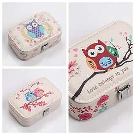 Rectangle PU Imitation Leather Jewelry Storage Boxes, Portable Travel Case with Snap Clasps, for Ring Earring Holder, Gift for Women, Owl Pattern