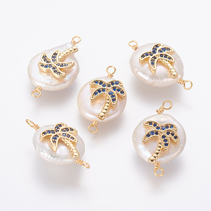 Connecteurs de liens de perles naturelles, avec accessoires zircon cubique micro pave en laiton, pépites de cocotier