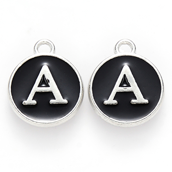 Platinum Plated Alloy Charms, Cadmium Free & Lead Free, with Enamel, Enamelled Sequins, Flat Round with Letter
